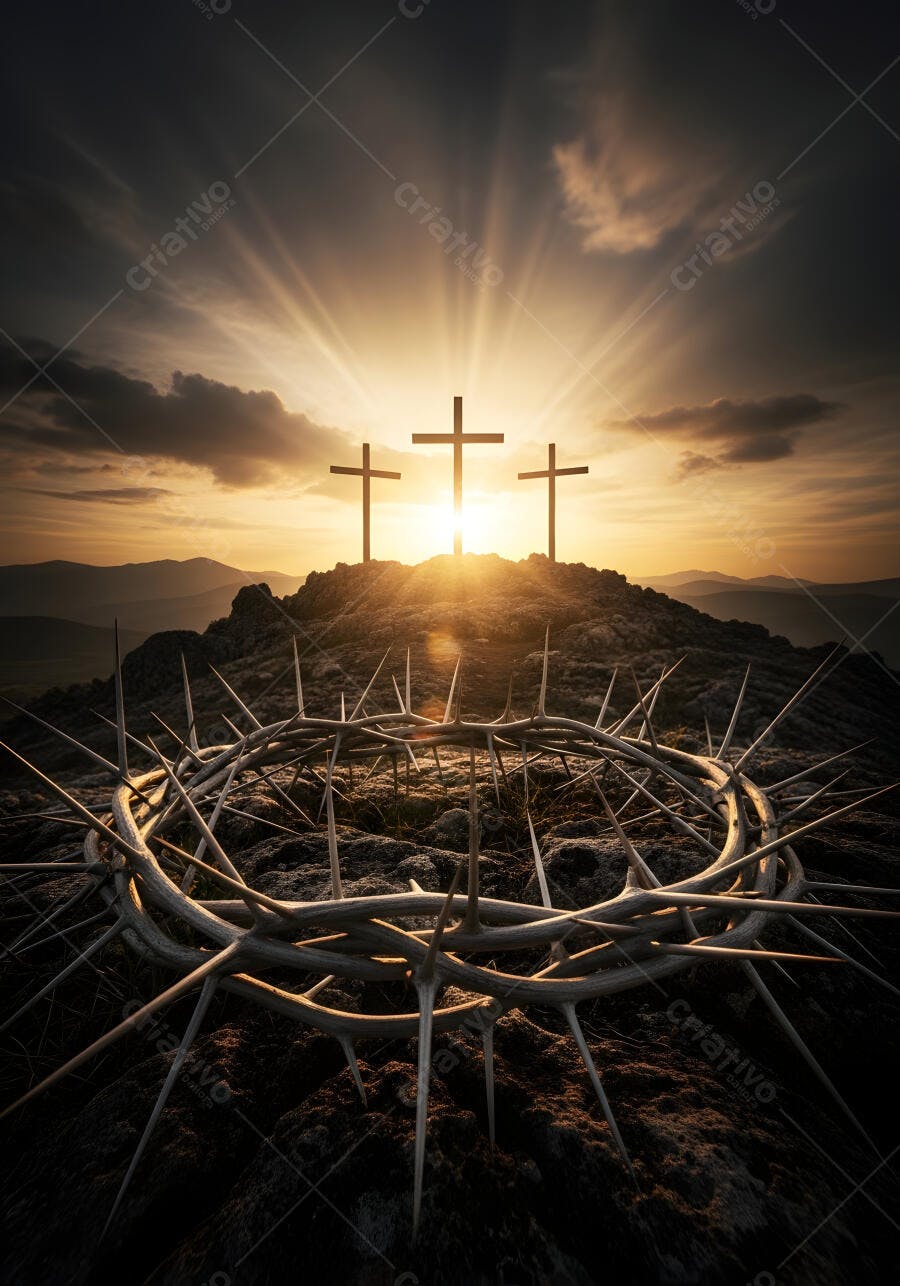 Foto Coroa de Espinhos e Três Cruzes no Pôr do Sol Páscoa