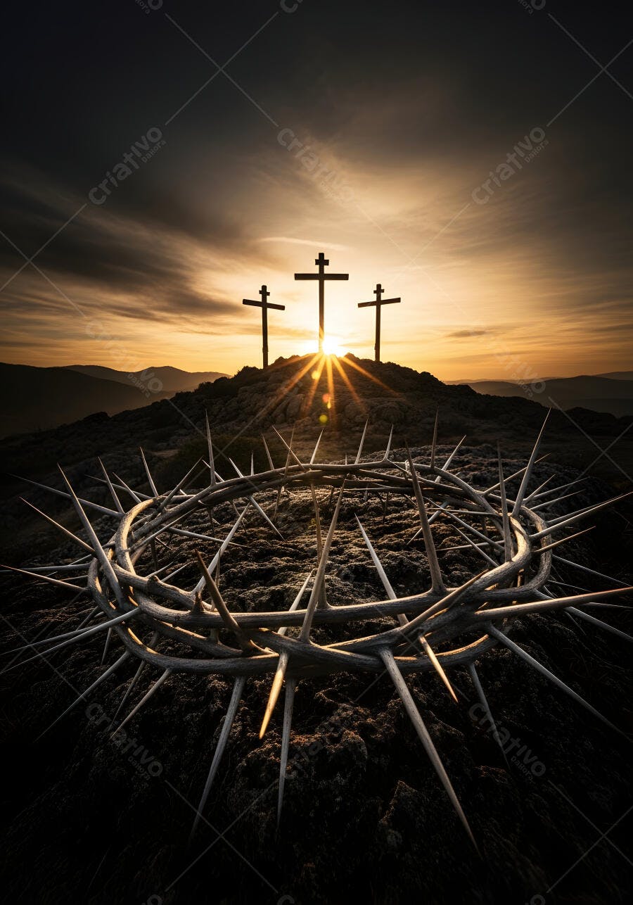 Foto Coroa de Espinhos e Três Cruzes no Calvário Pôr do Sol