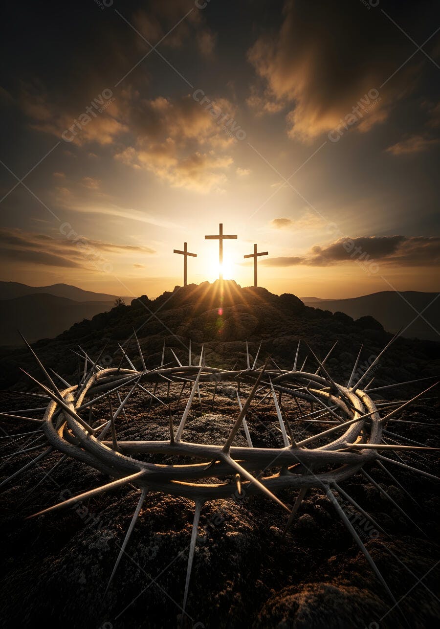 Foto Coroa de Espinhos e Três Cruzes Pôr do Sol Páscoa