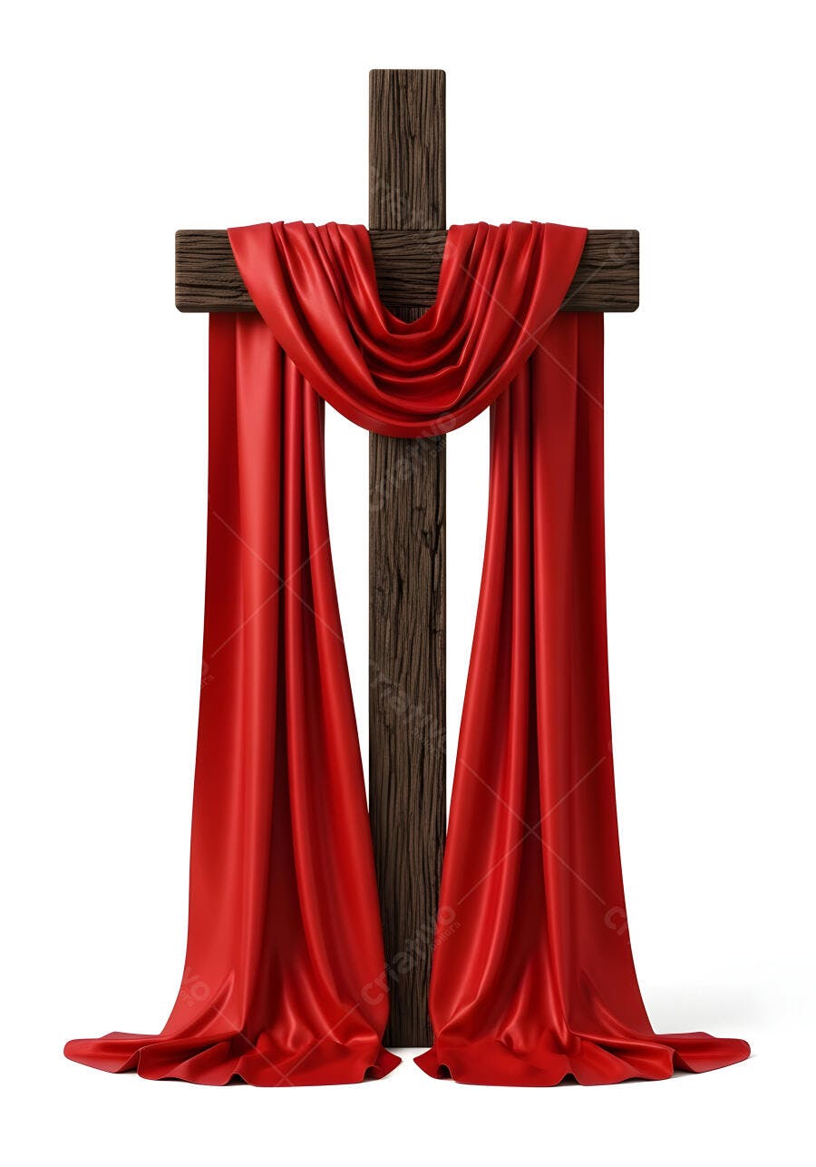 Cruz de Madeira com Pano Vermelho Páscoa Fundo Branco