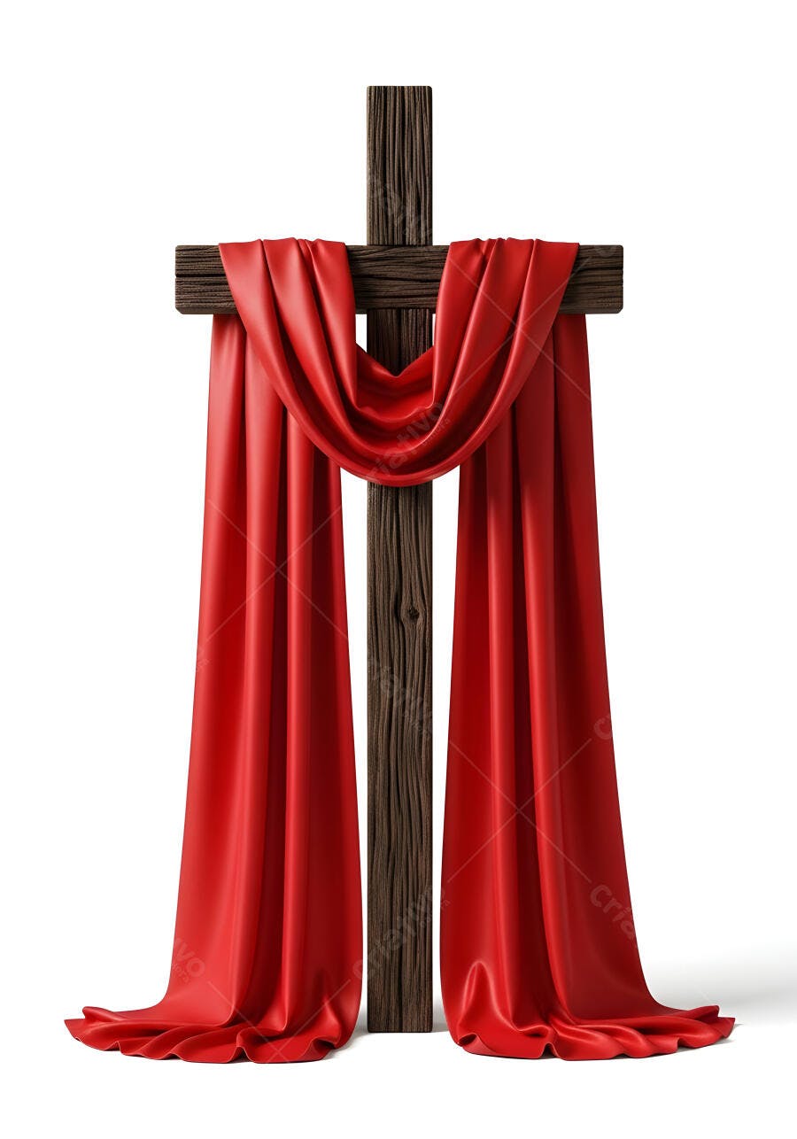 Foto Cruz de Madeira com Pano Vermelho Páscoa Religiosa