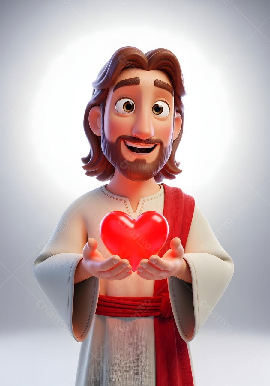Jesus Cristo 3D Sorrindo Segurando Coração Vermelho