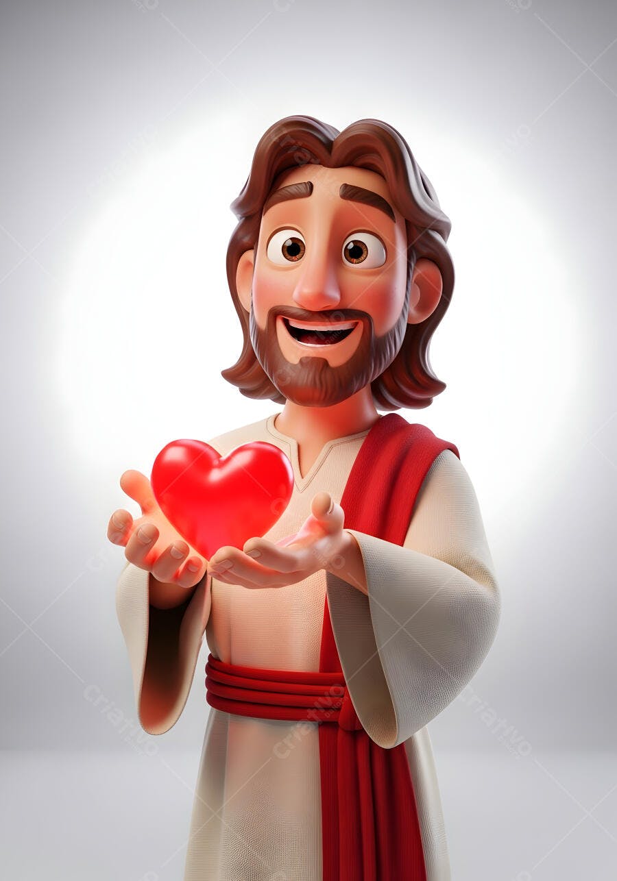 Jesus Cristo 3D Caricatura Segurando Coração Vermelho