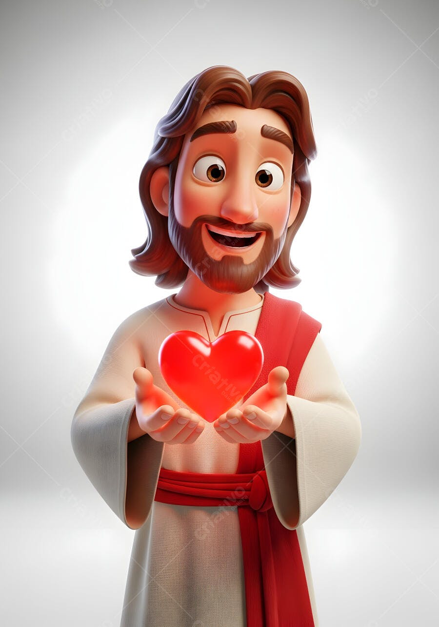 Jesus Cristo 3D Caricatura Coração Vermelho Fundo Branco