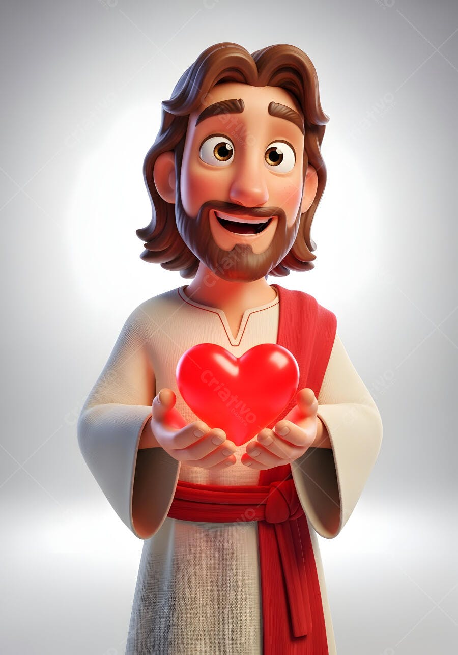 Jesus Cristo Caricatura 3D Segurando Coração Vermelho