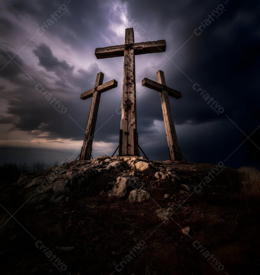 Foto Três Cruzes de Madeira no Monte Calvário Céu Escuro