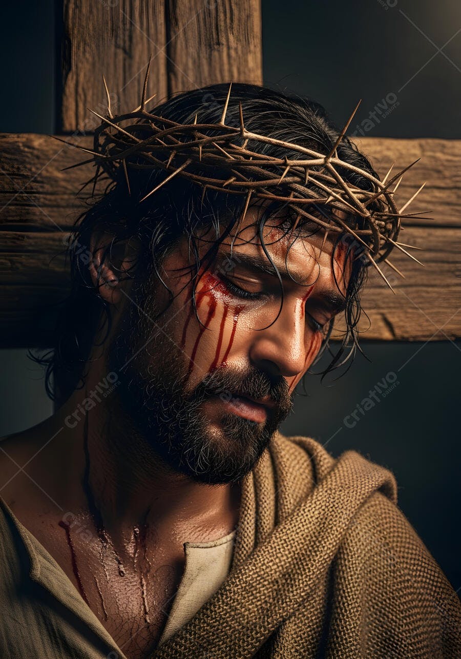 Foto Jesus Cristo Coroa de Espinhos Sangue Cruz Escura