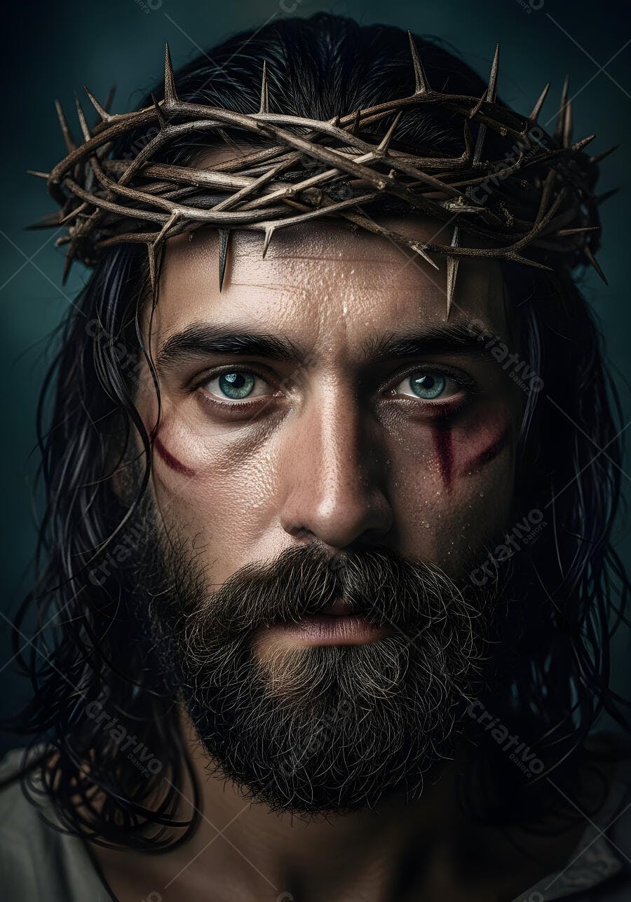 Foto Jesus Cristo Coroa de Espinhos Olhos Azuis Barba