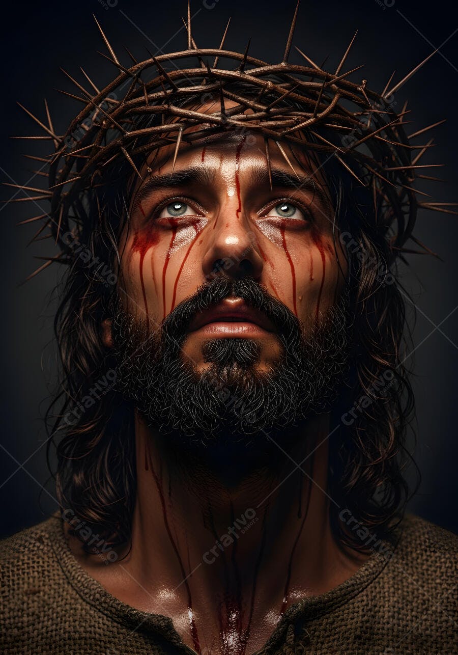 Foto Jesus Cristo Coroa de Espinhos Sangue Olhos Azuis