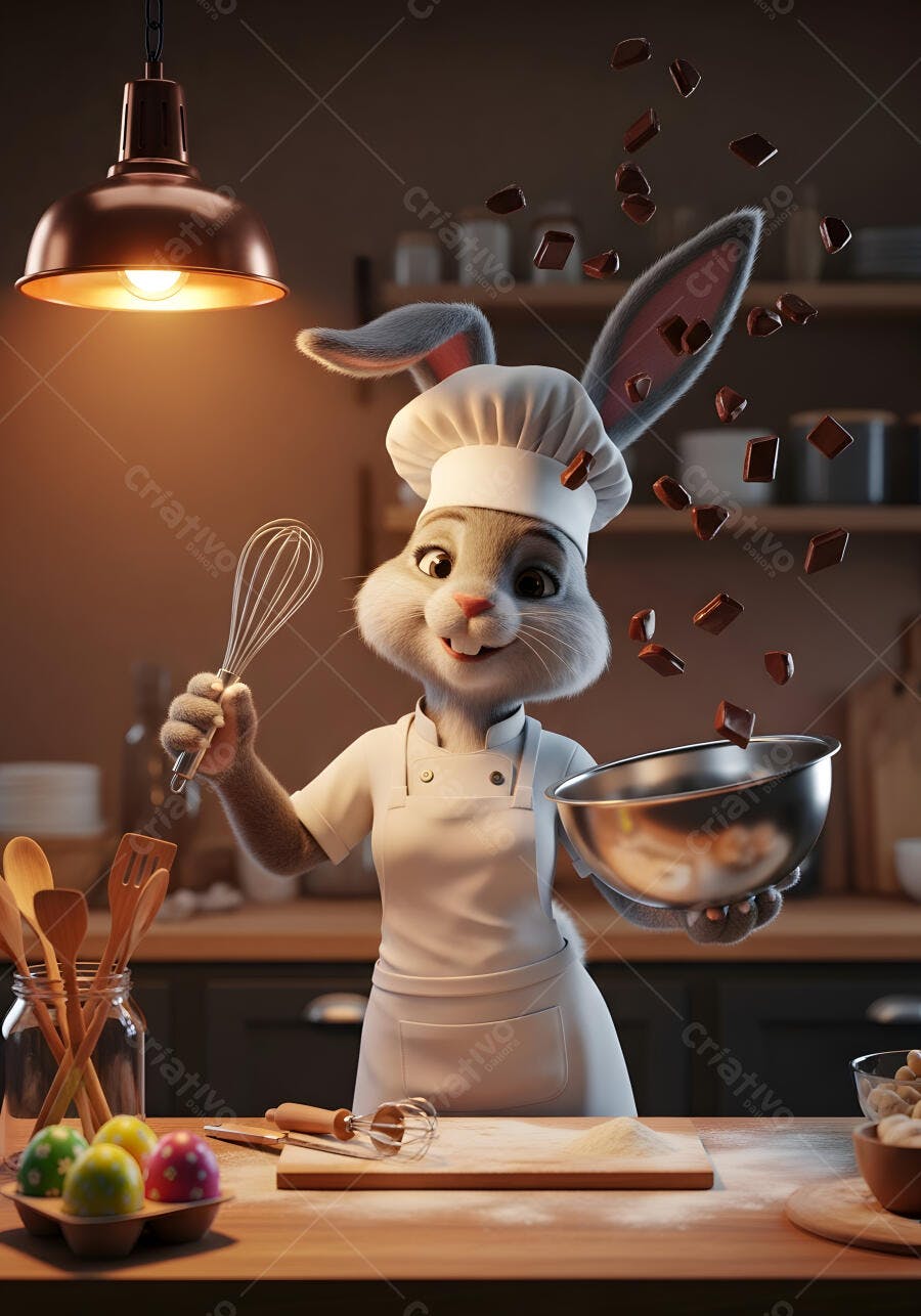 Foto Coelho Chef de Cozinha com Batedor e Tigela na Confeitaria