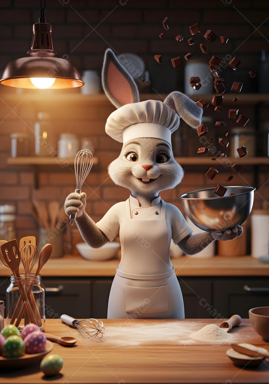Coelho Chef de Cozinha Fazendo Chocolate Páscoa