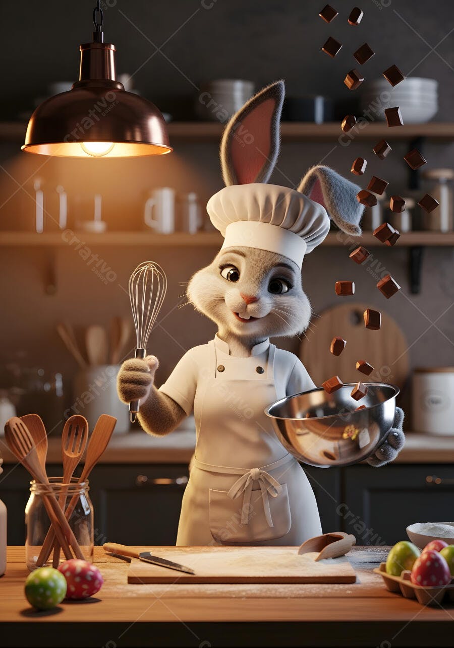Coelho Chef de Cozinha Páscoa com Ovos Coloridos
