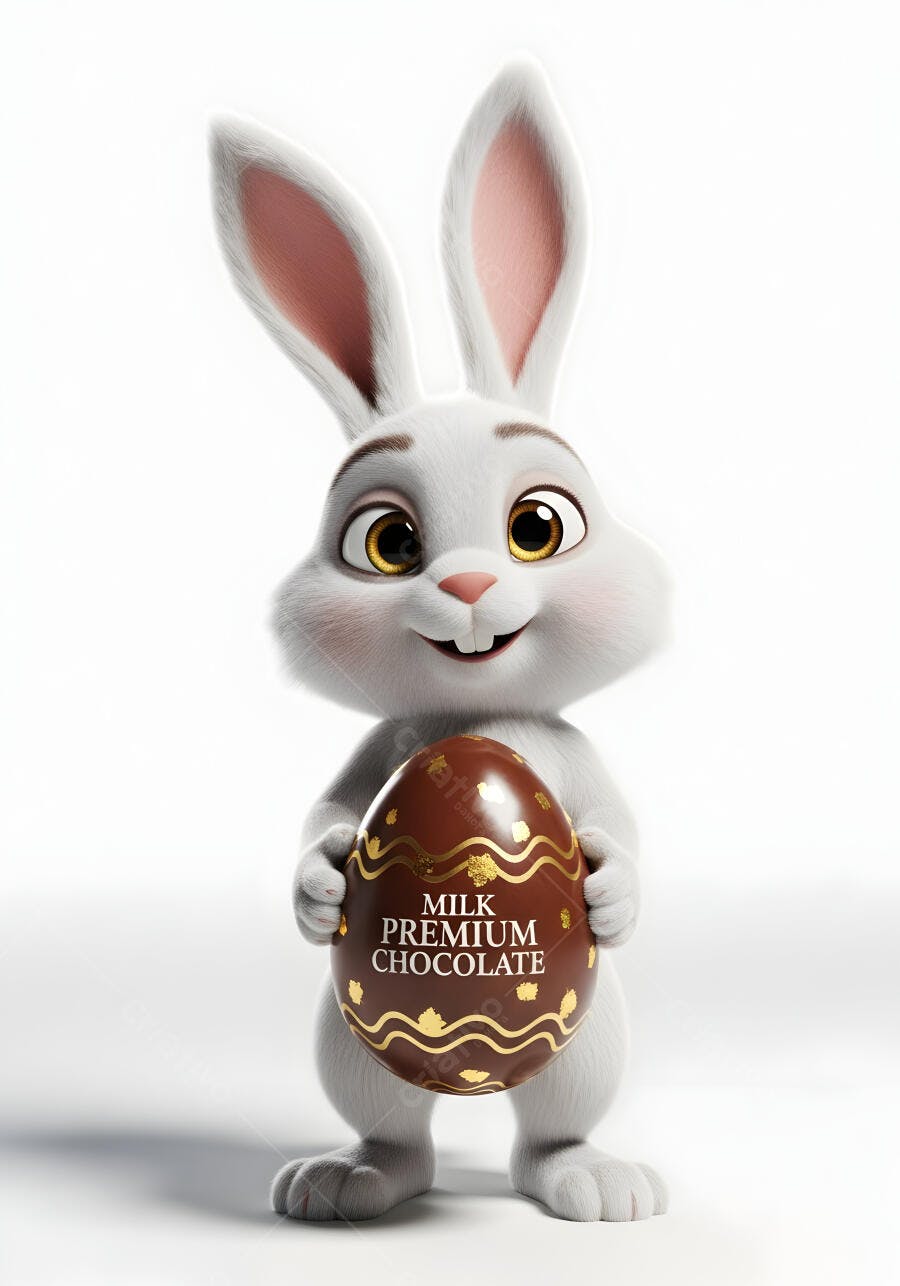 Coelho da Páscoa Sorrindo Segurando Ovo de Chocolate Branco Fundo