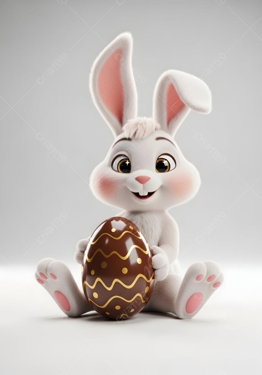 Coelho da Páscoa Fofo Segurando Ovo de Chocolate Branco
