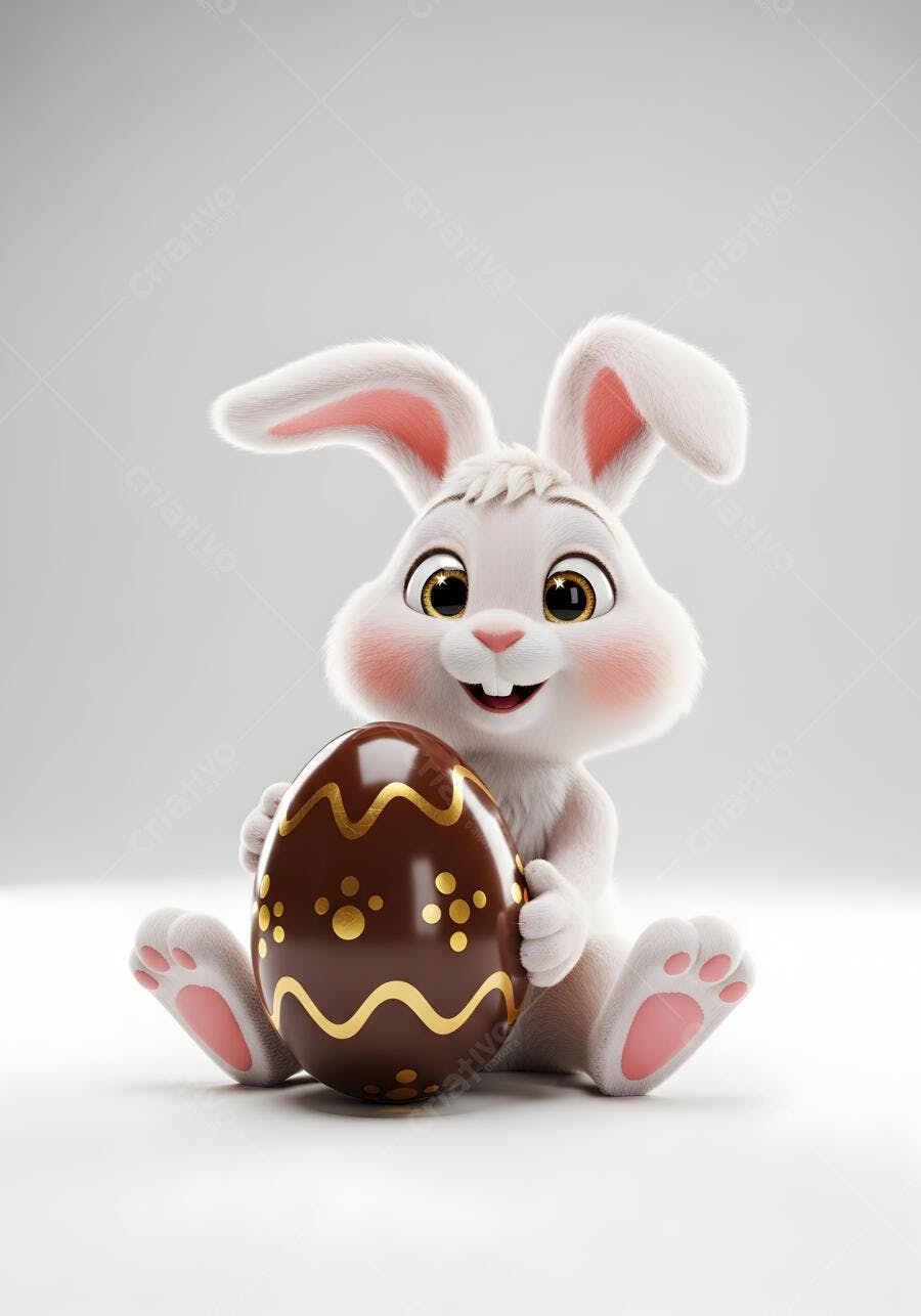 Coelho da Páscoa 3D Segurando Ovo de Chocolate Fundo Branco