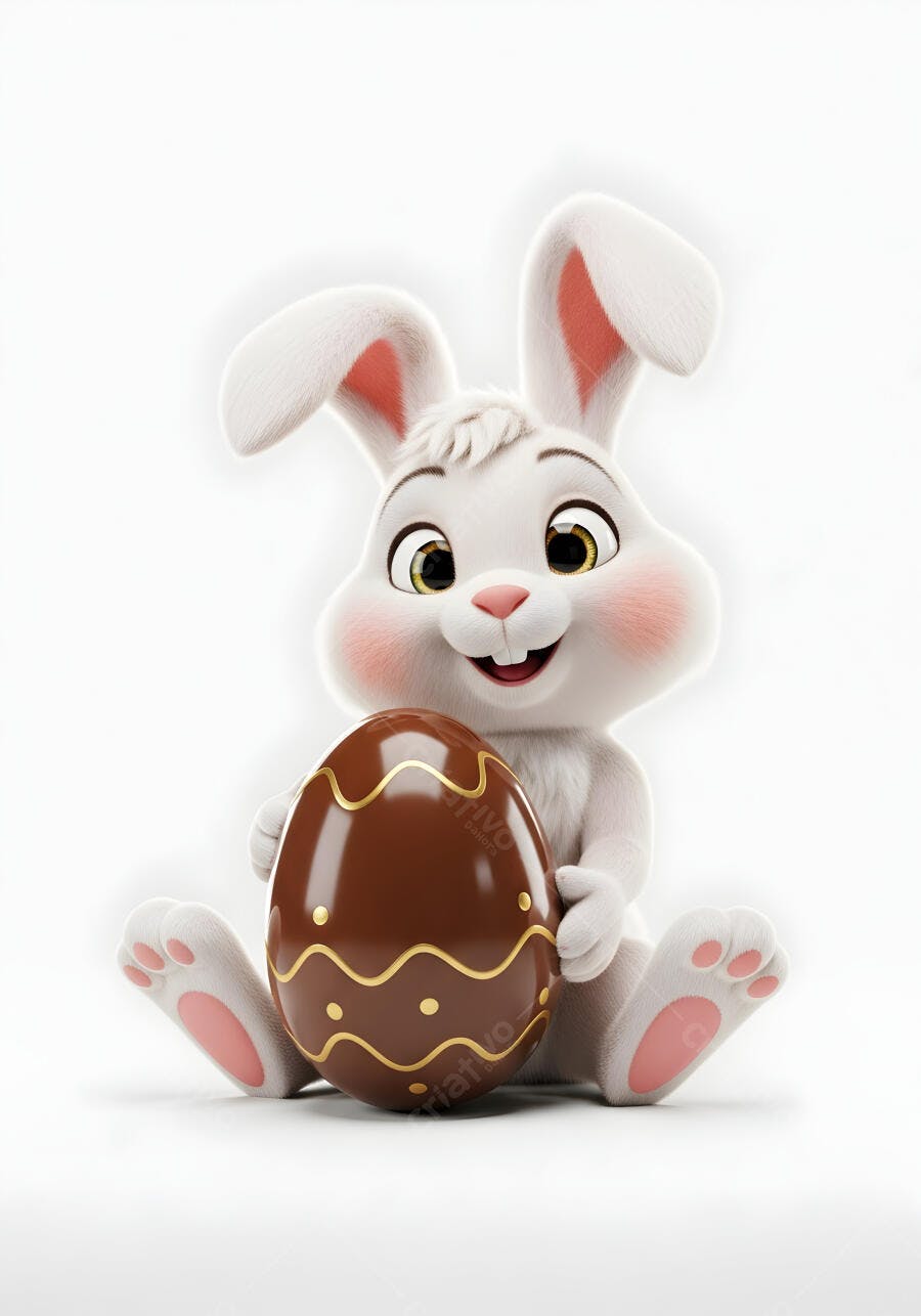 Coelho da Páscoa 3D Segurando Ovo de Chocolate Branco