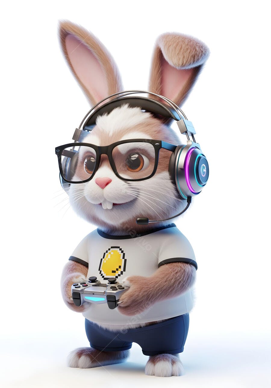 Coelho Gamer Fofo com Fone e Controle de Videogame