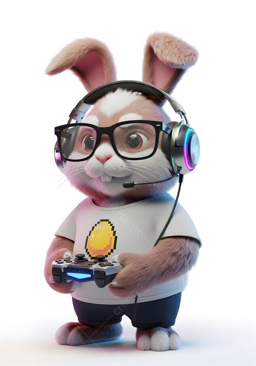 Coelho Gamer Fofo com Fone e Óculos Jogando Videogame
