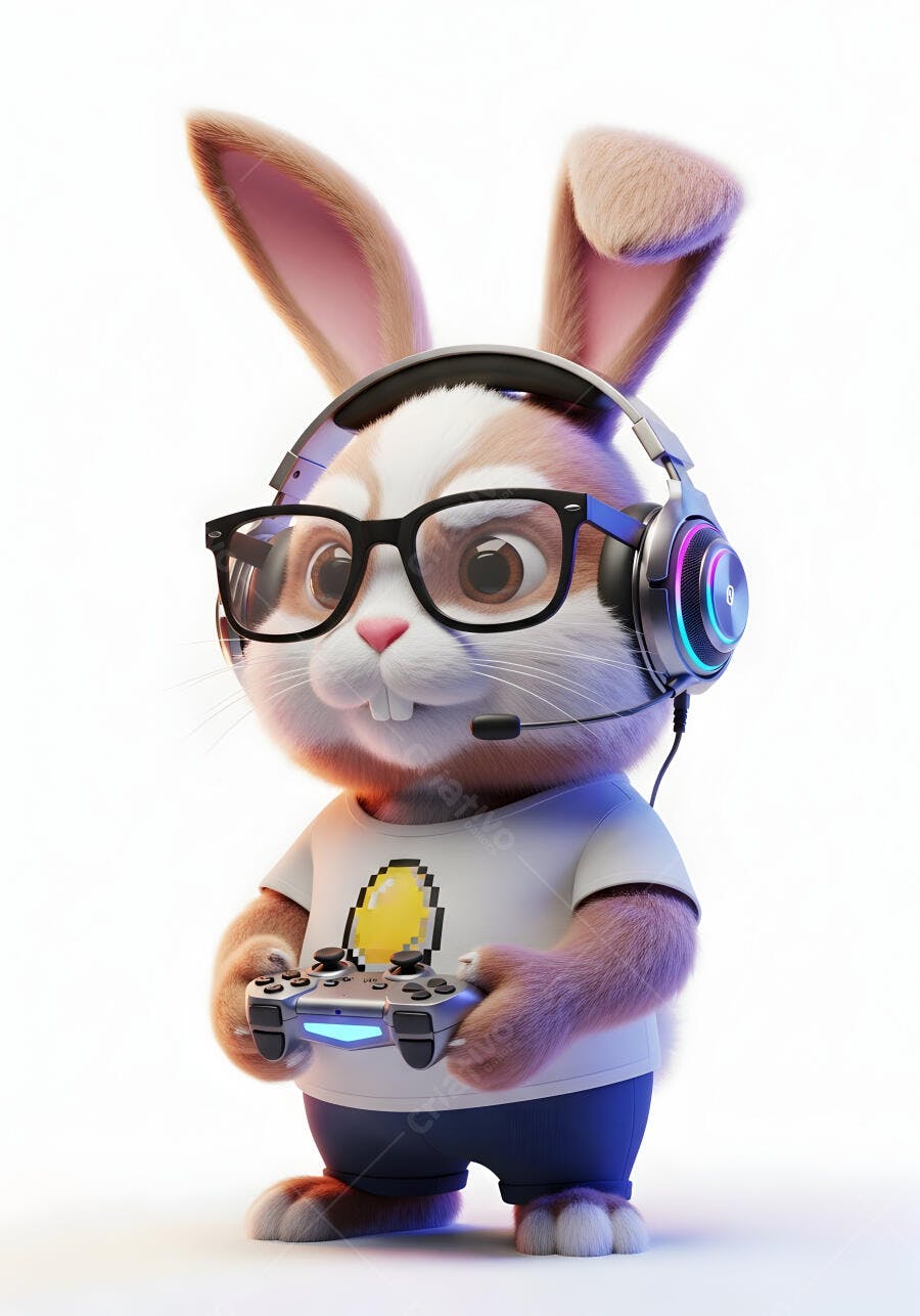 Coelho Gamer Fofo com Fone e Óculos Jogando Videogame