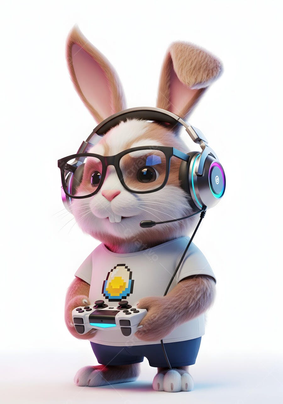 Foto Coelho Gamer Óculos Fones de Ouvido Controle Video Game