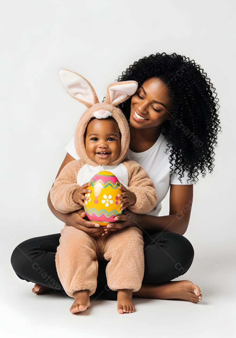 Foto Mãe e Bebê Negro Fantasia Coelhinho Páscoa Ovo Colorido