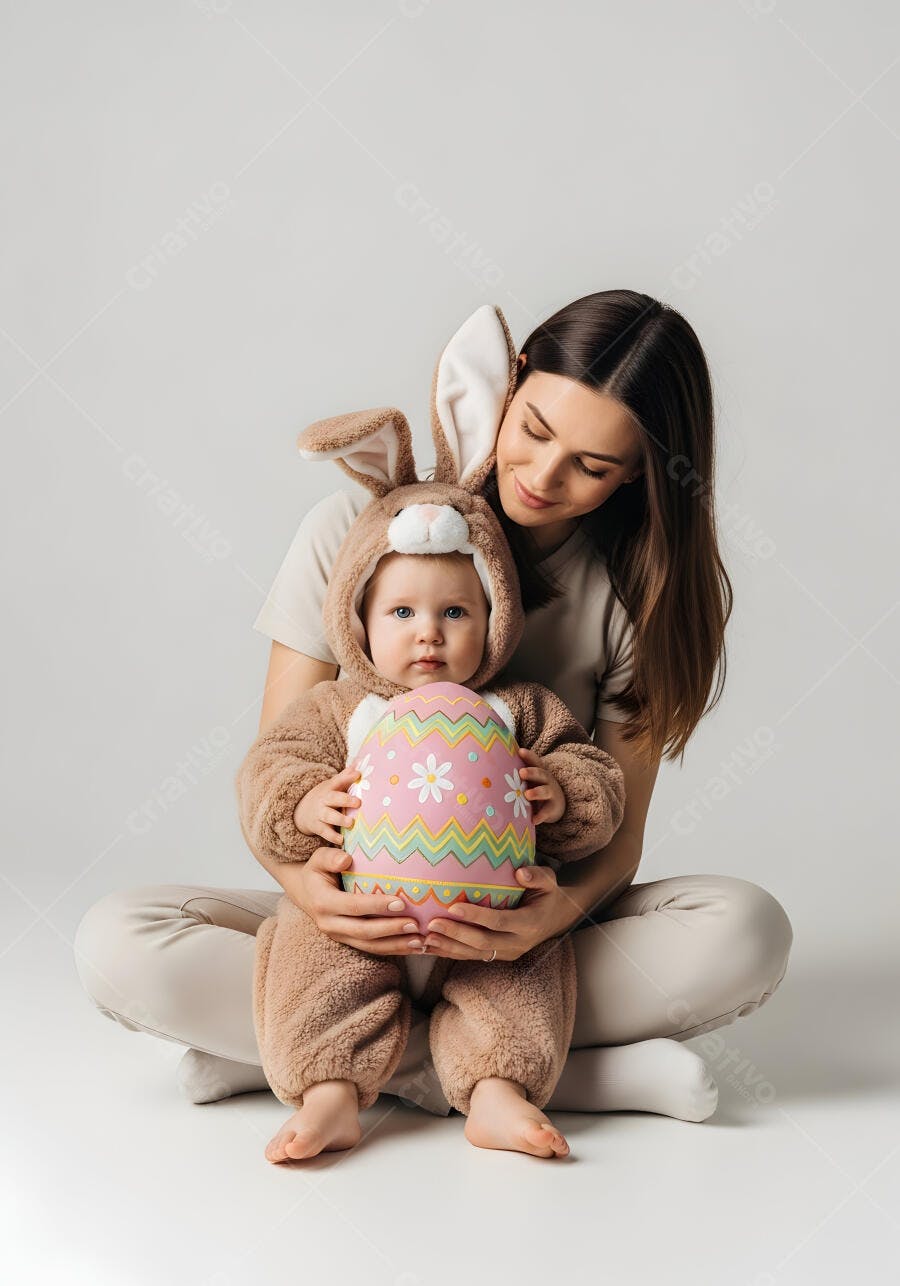 Foto Mãe e Bebê Fantasia Coelhinho Páscoa Ovo Decorado