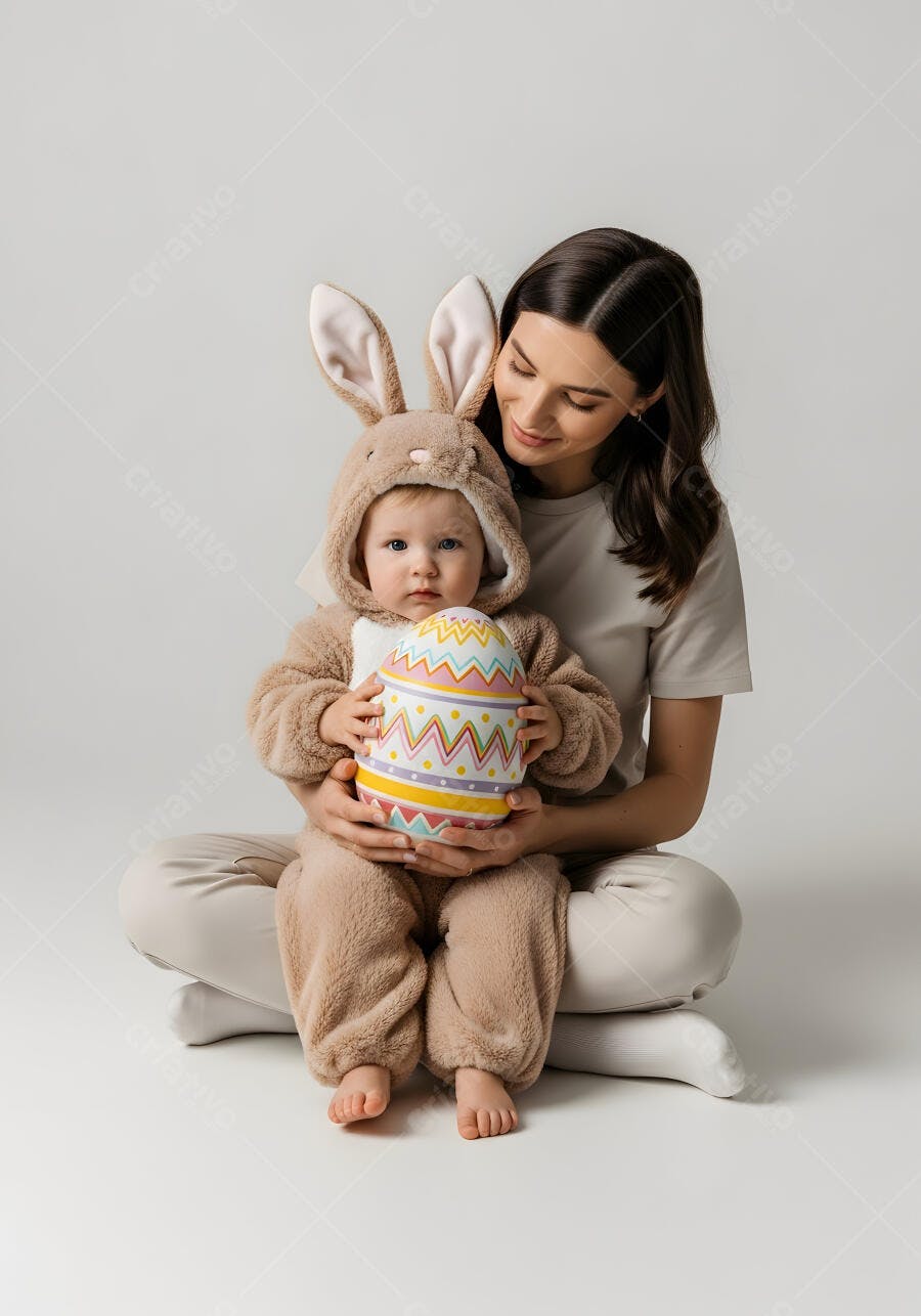 Foto Mãe e Bebê Fantasia Coelhinho Páscoa Ovo Colorido