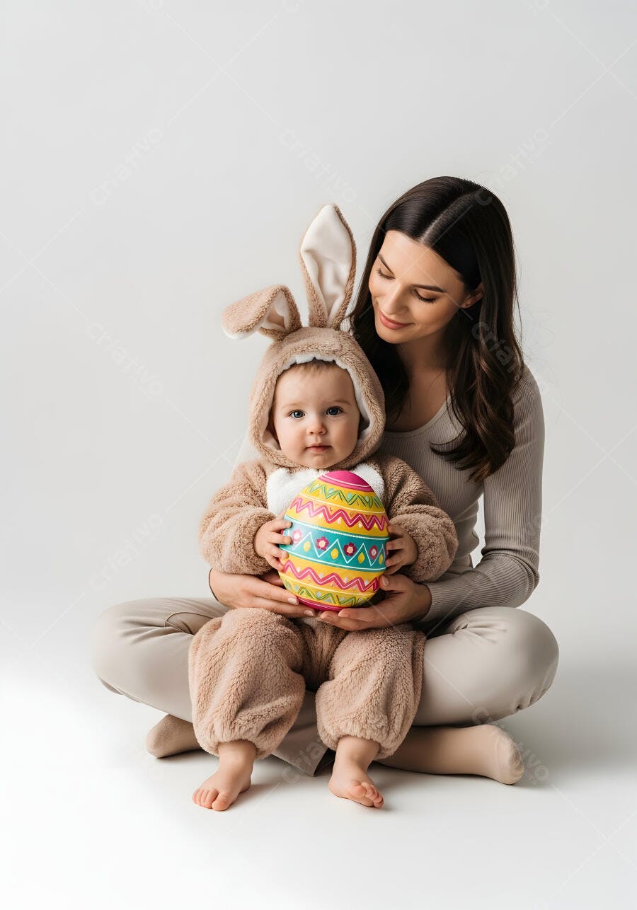 Foto Mãe e Bebê Fantasia Coelhinho Páscoa Ovo Colorido