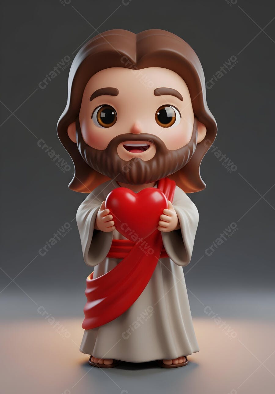 Jesus Cristo Fofo Segurando Coração Vermelho 3D