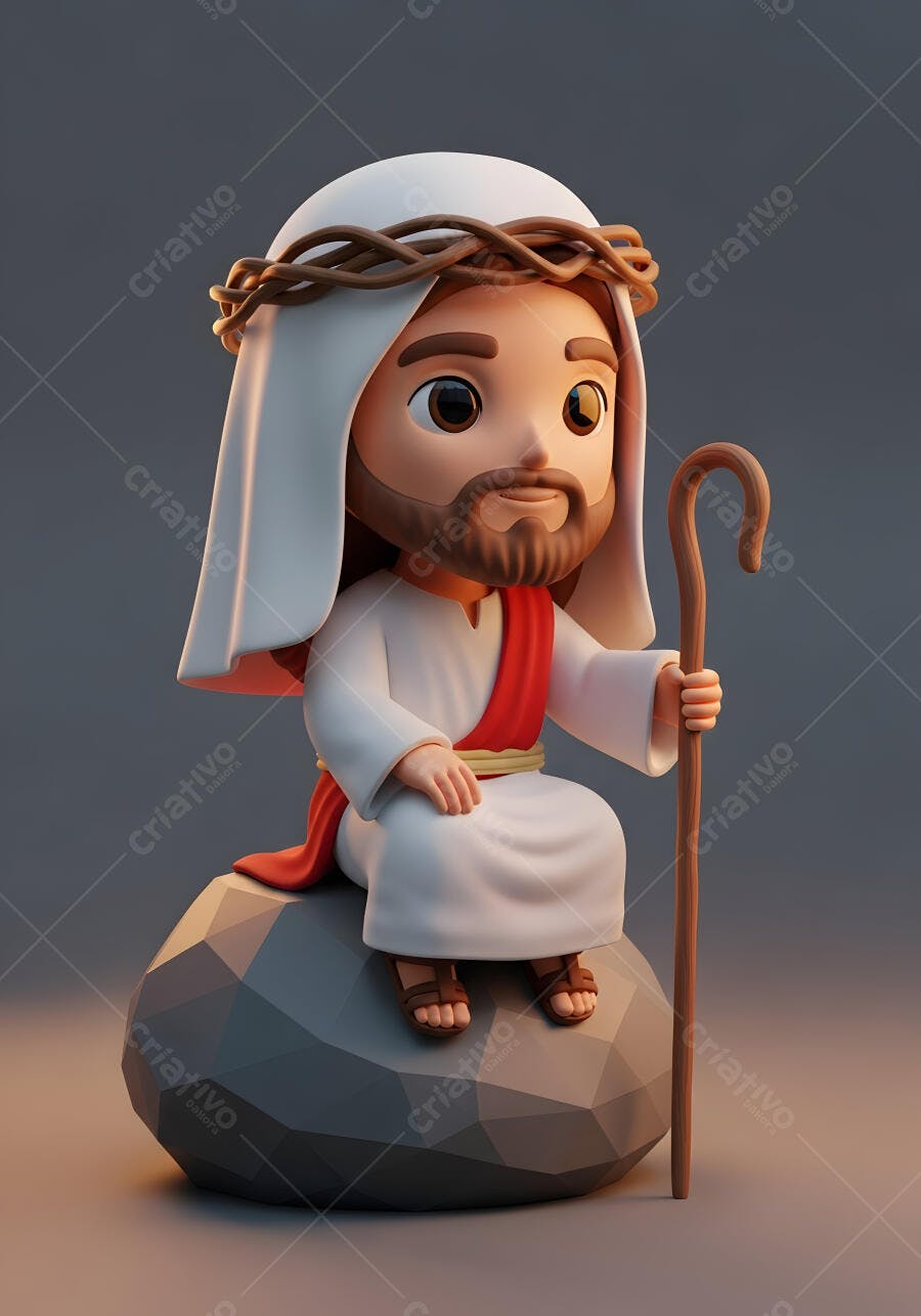 Jesus Cristo Fofo 3D Sentado Rocha Cajado