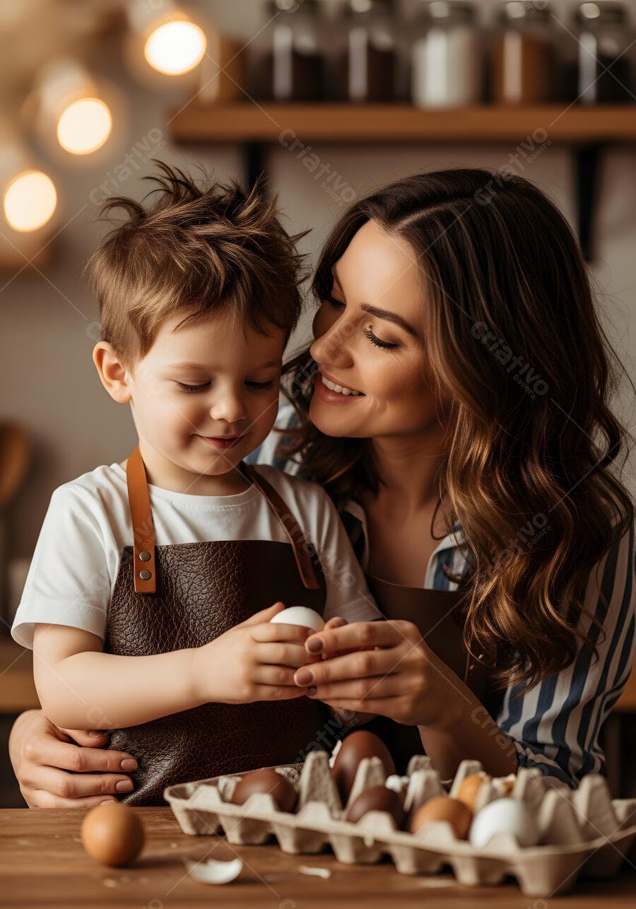 Foto Mãe Filho Cozinhando Ovos Juntos Cozinha