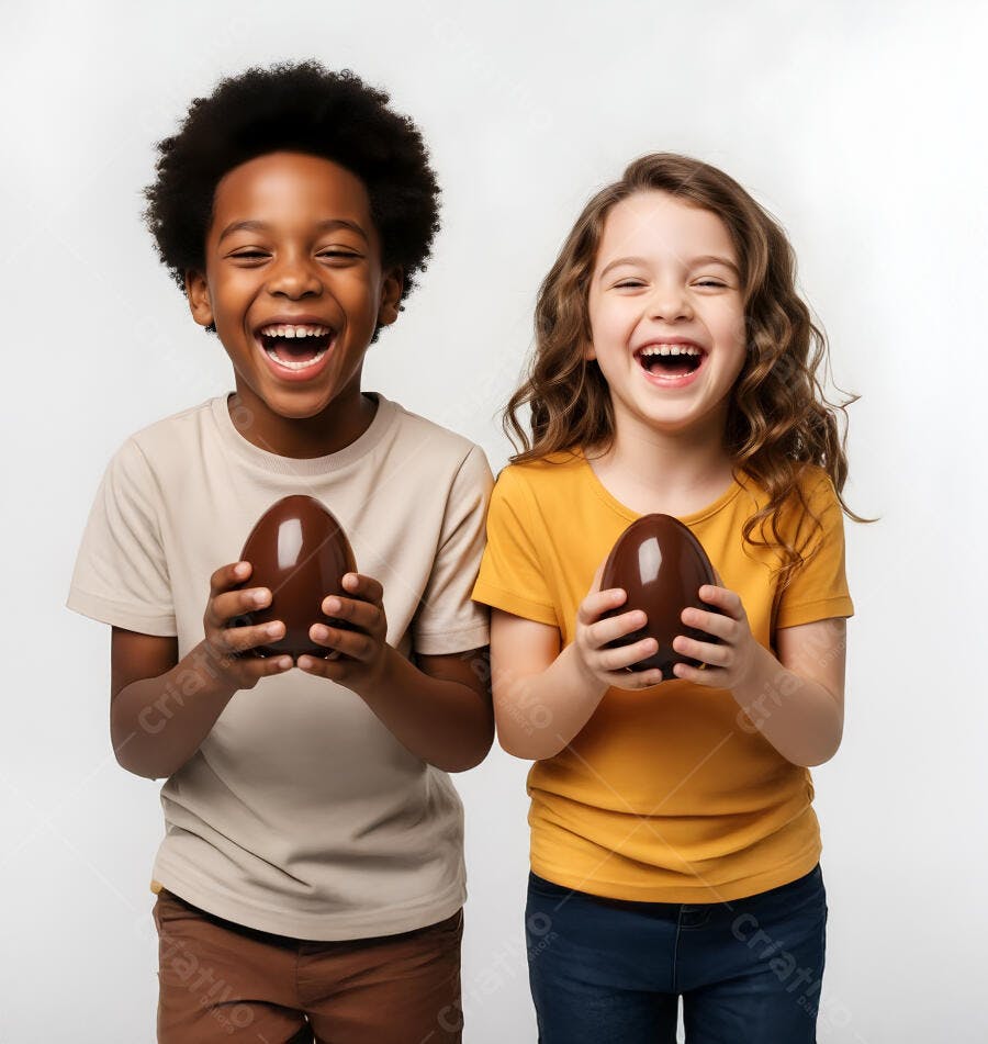 Foto Crianças Sorrindo Ovos de Páscoa Fundo Branco Estúdio