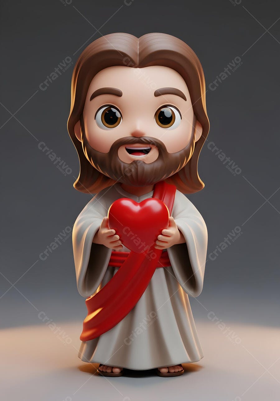 Jesus Cristo Fofo Segurando Coração Vermelho 3D