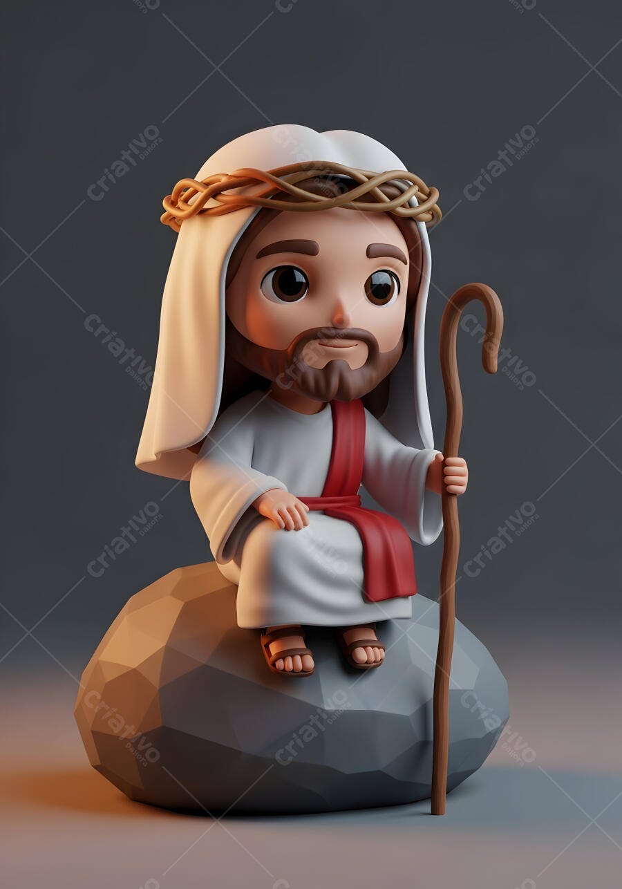 Foto Jesus Cristo Fofo Sentado com Cajado Ilustração 3D