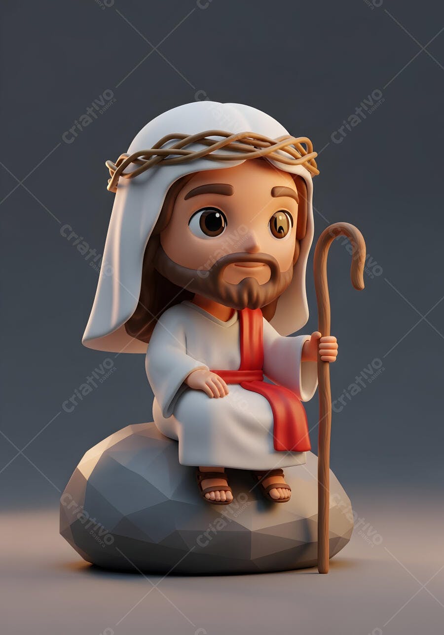 Jesus Cristo Fofo Chibi Sentado Cajado Coroa de Espinhos