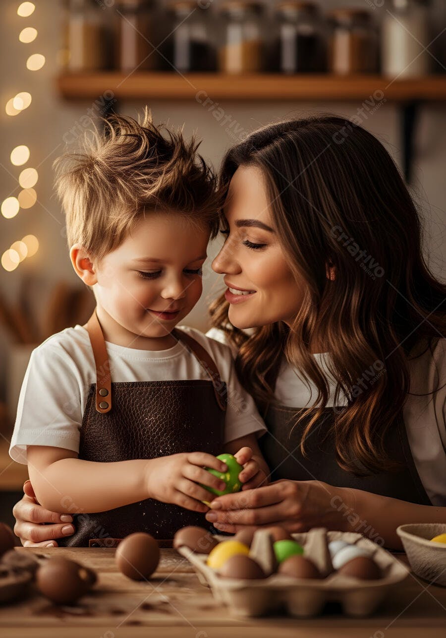 Foto Mãe e Filho Decorando Ovos de Páscoa na Cozinha
