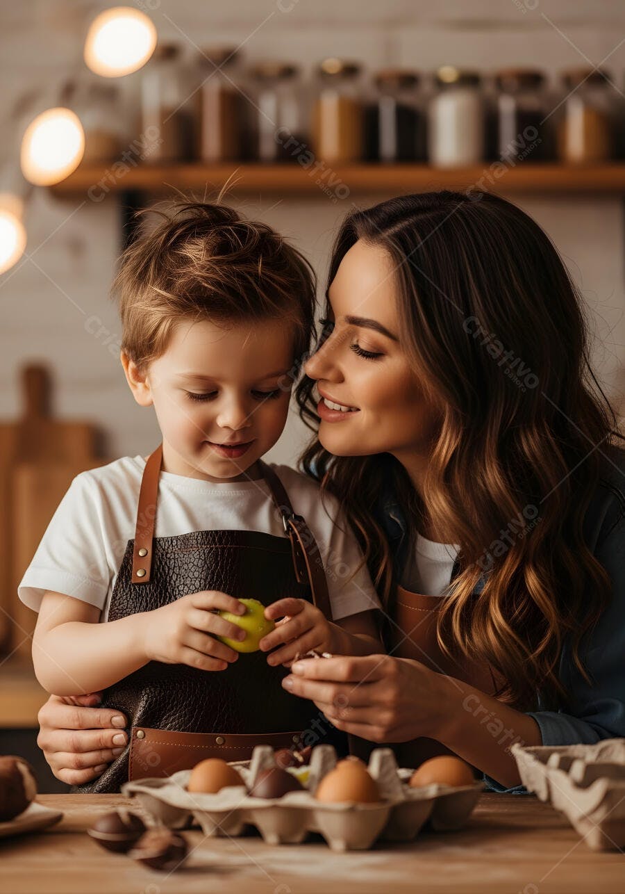 Foto Mãe e Filho Cozinhando Juntos na Cozinha Familiar