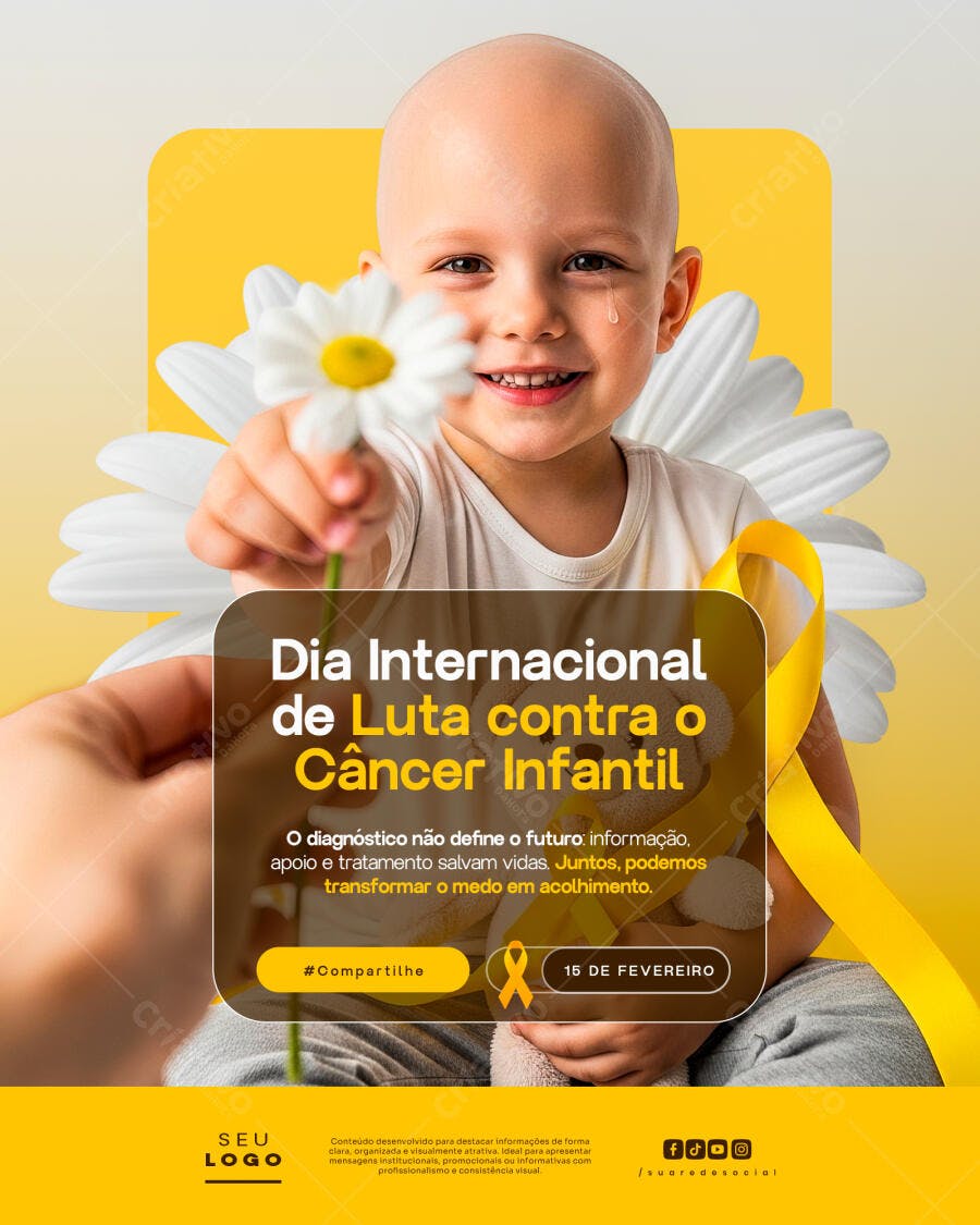 Post Instagram Dia Internacional Câncer Infantil 15 de Fevereiro PSD Editável