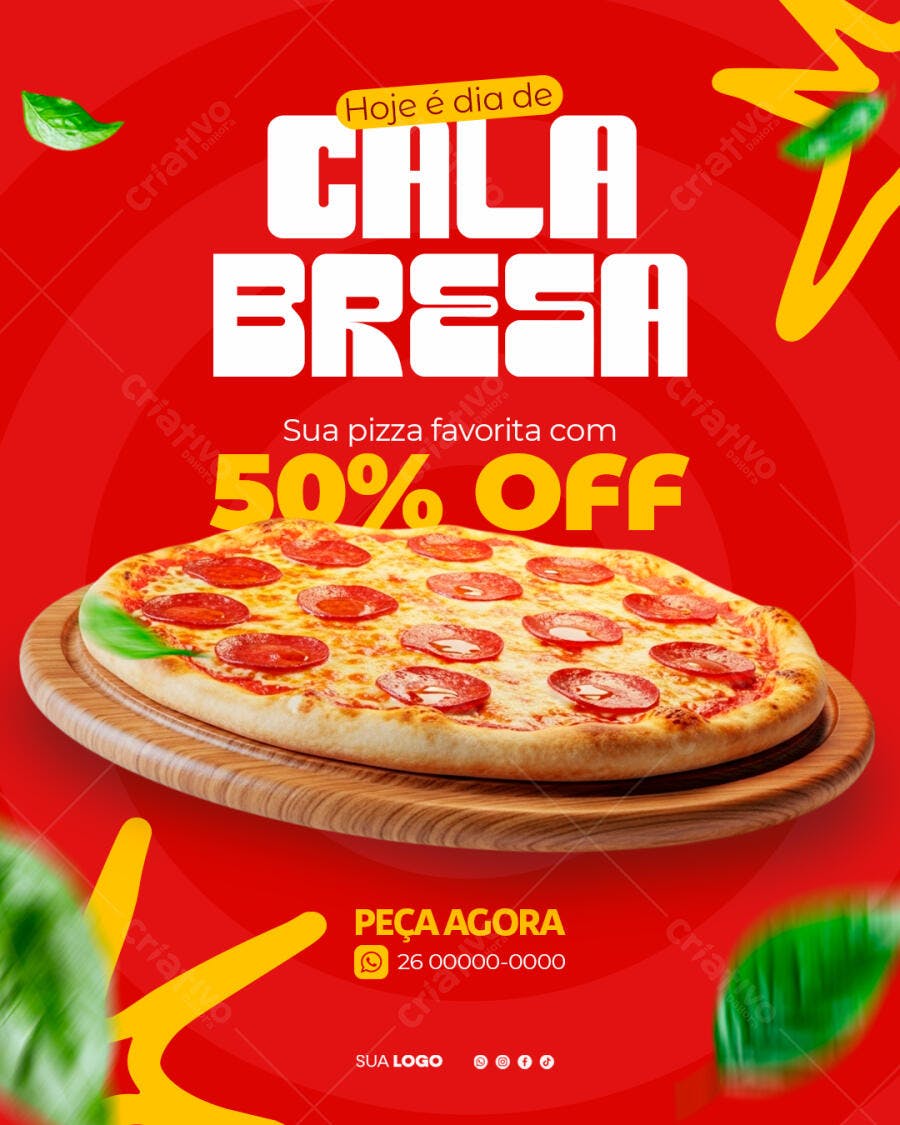 Post Instagram Pizza Calabresa Promoção 50% OFF PSD Editável