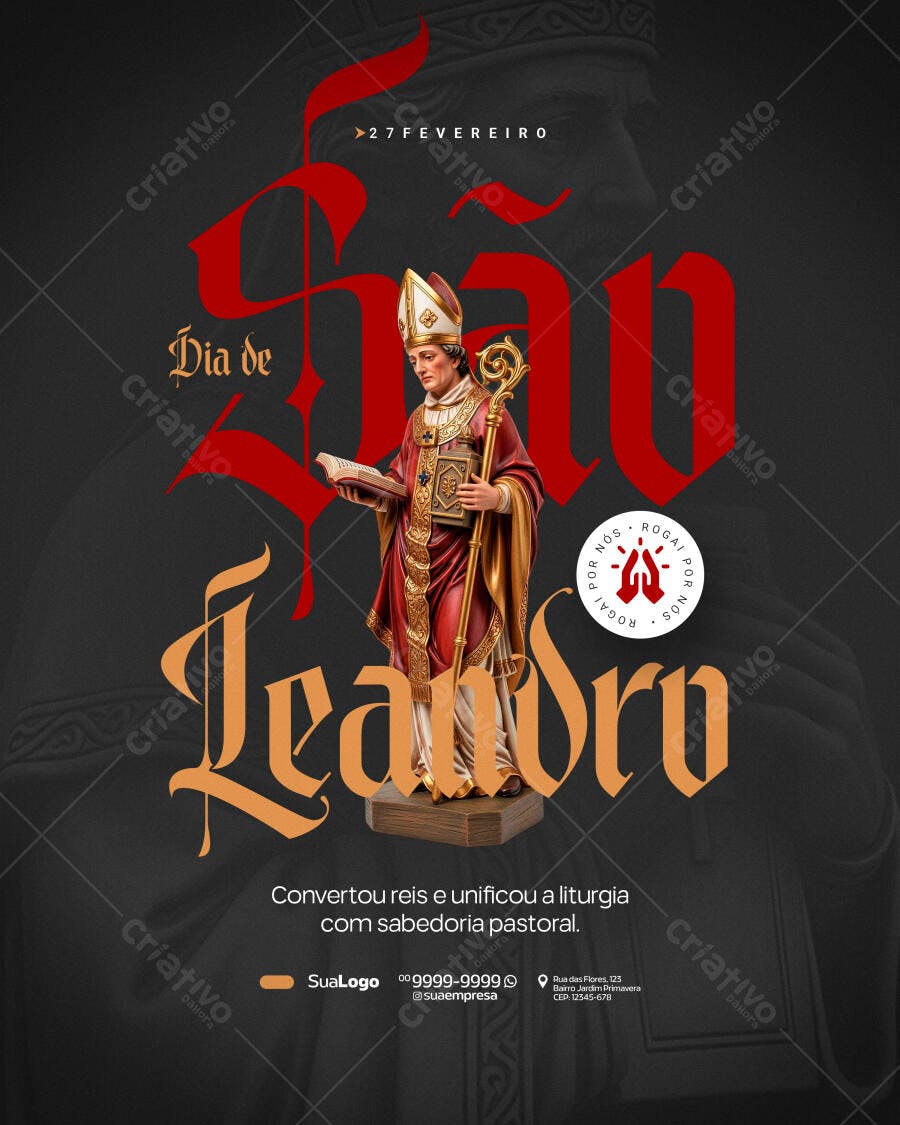 Post Instagram Dia de São Leandro 27 Fevereiro PSD Editável