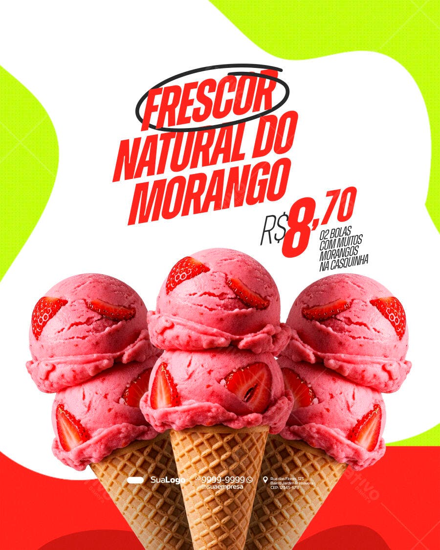 Flyer Sorveteria Morango Promoção PSD Editável