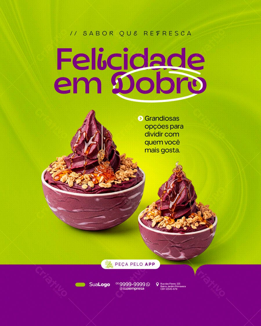 Post Instagram Açaí Felicidade em Dobro PSD Editável