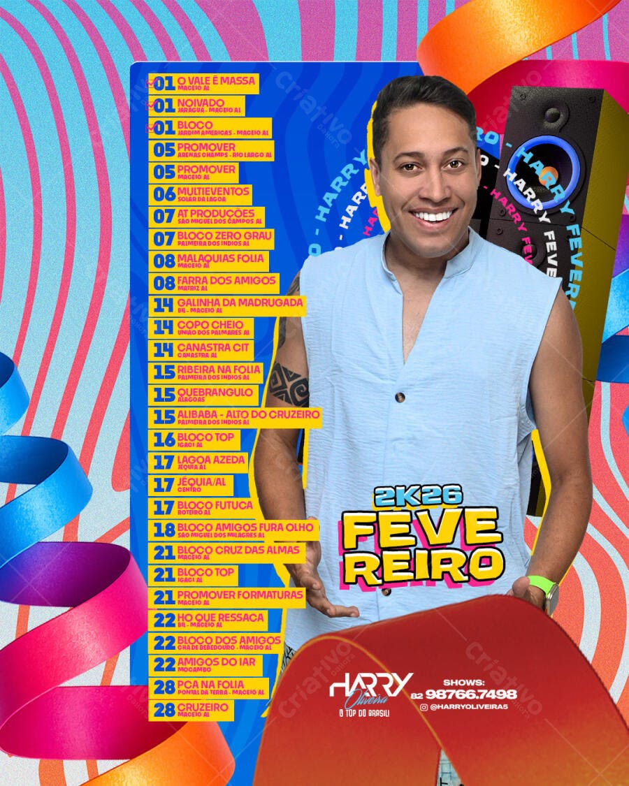Post Instagram Fevereiro 2026 Carnaval Eventos PSD Editável