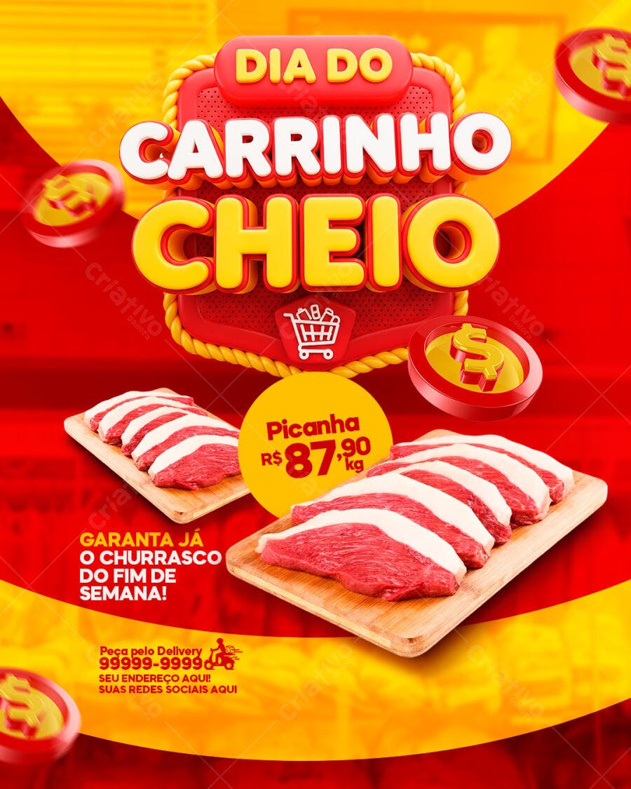 Flyer Dia do Carrinho Cheio Açougue PSD Editável