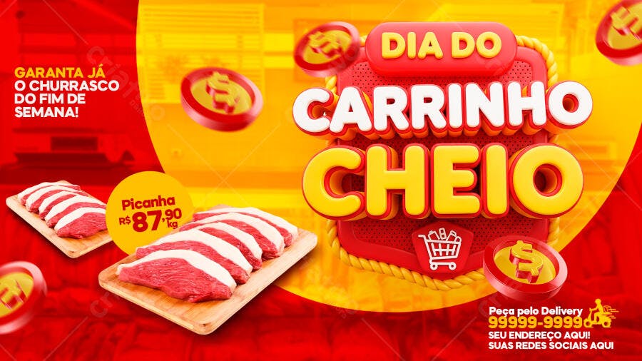 Banner Dia do Carrinho Cheio Churrascaria PSD Editável