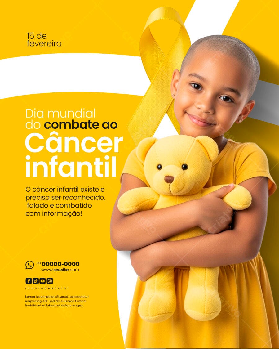Post Instagram Dia Mundial Combate Câncer Infantil Fevereiro PSD Editável