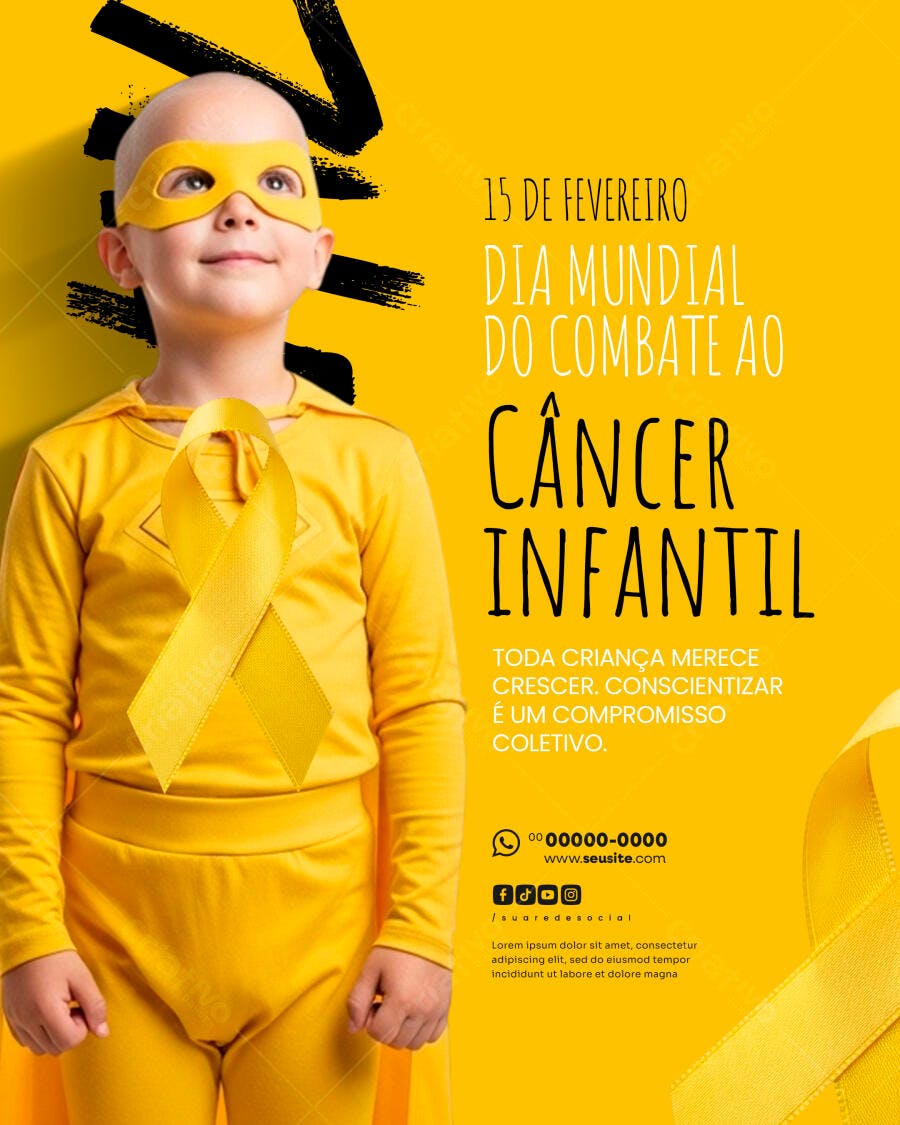 Post Instagram Dia Mundial Câncer Infantil Fevereiro PSD Editável