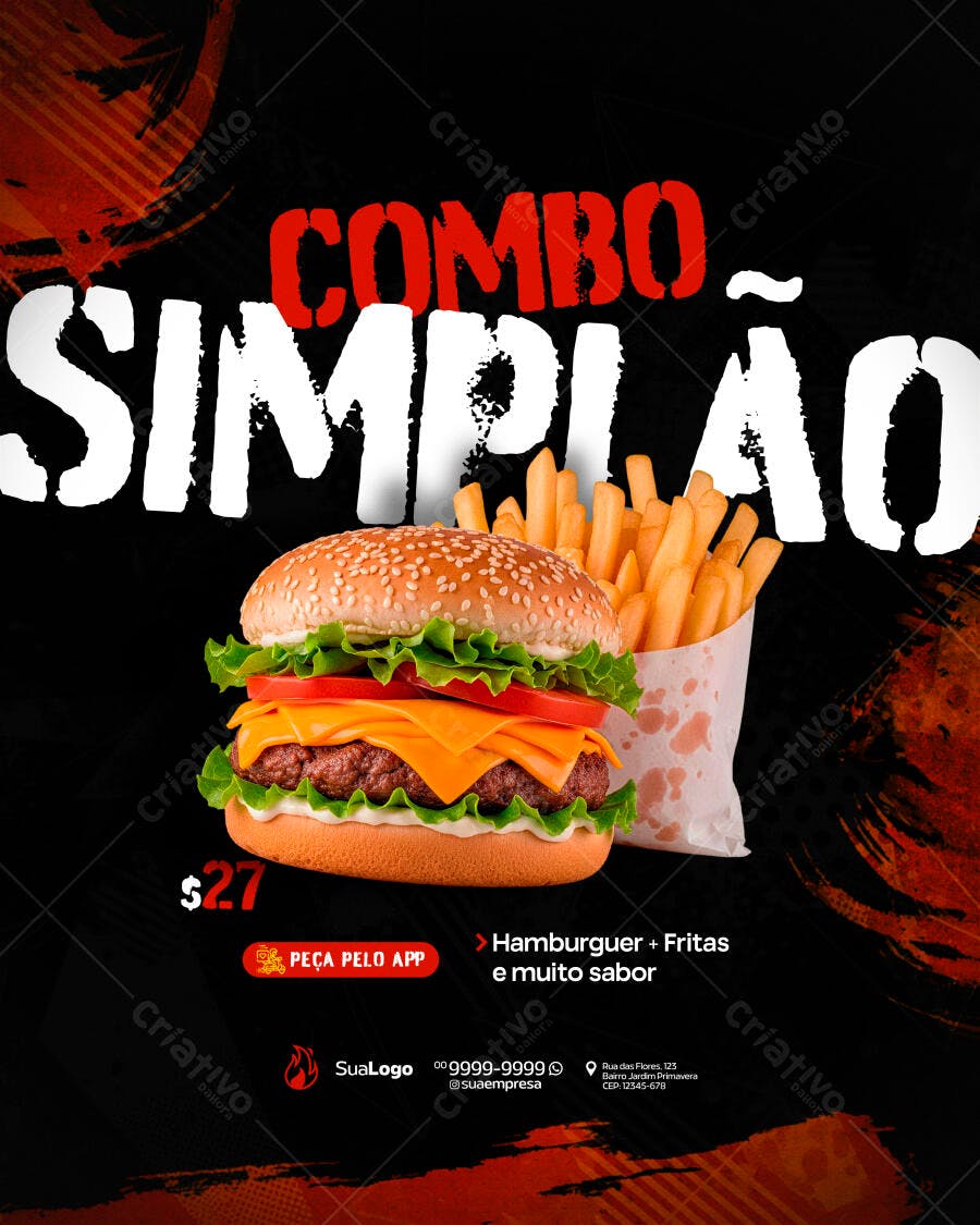 Post Instagram Hamburgueria Combo Simples PSD Editável