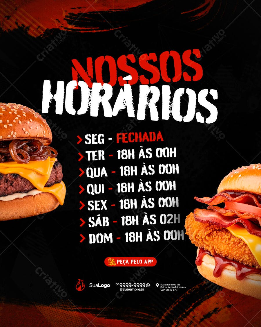 Post Horários Hamburgueria Delivery PSD Editável