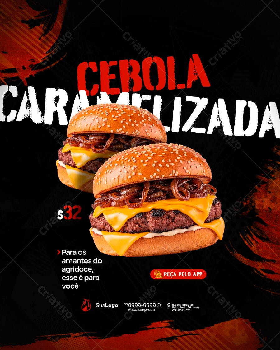 Post Instagram Hamburguer Cebola Caramelizada PSD Editável